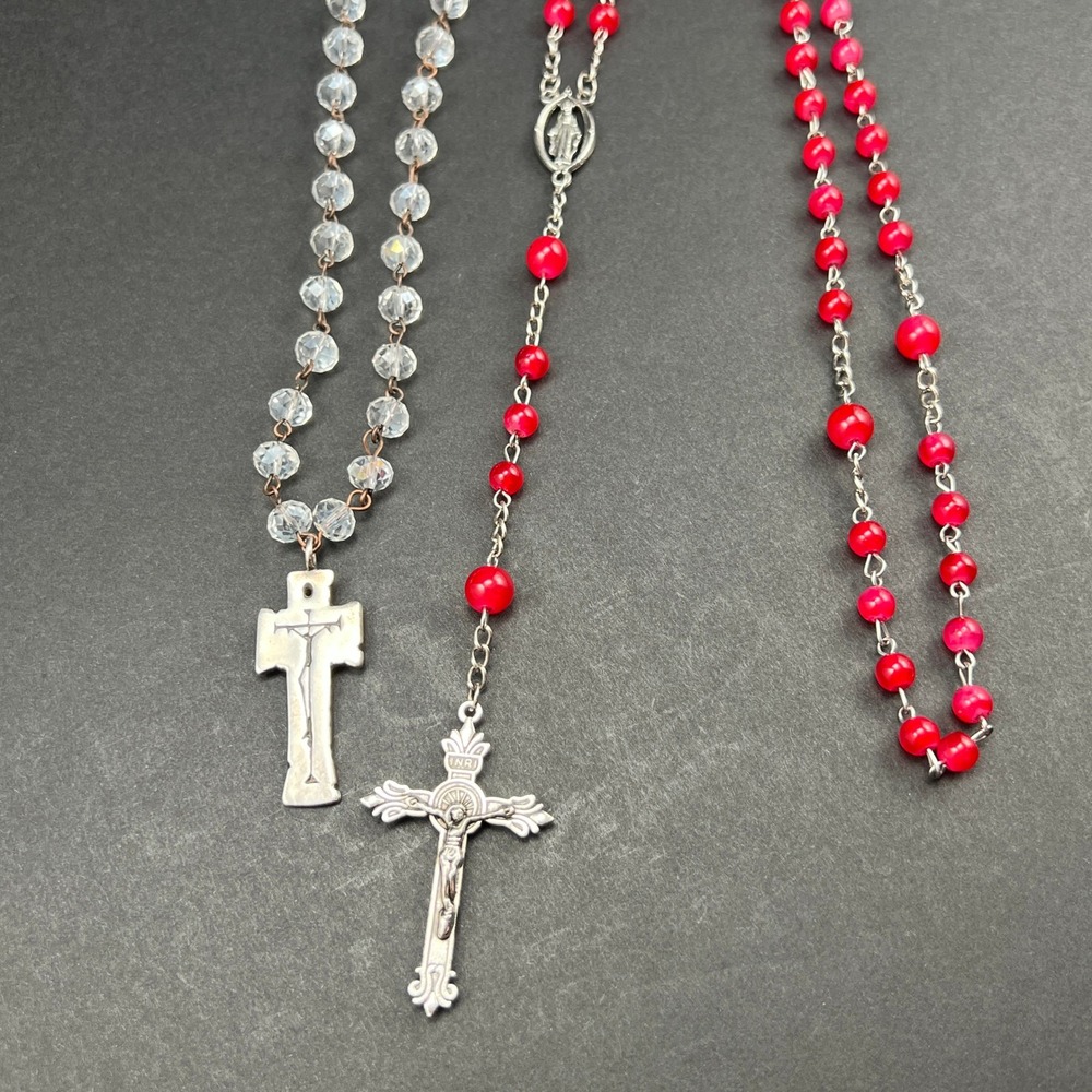 Rosary Prayer Beads Lot Red Clear Beaded Silver Tone Religious Crucifix